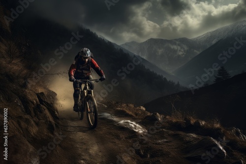 Dynamic snapshot of a cyclist navigating through the mountains. Beautiful illustration picture. Generative AI