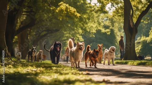 Many of dogs are walking in group in the park. Beautiful illustration picture. Generative AI