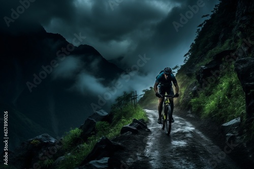 Dynamic snapshot of a cyclist navigating through the mountains. Beautiful illustration picture. Generative AI