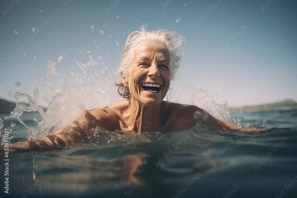 image of mature happy woman swim in the lake