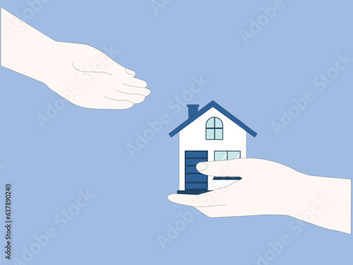 One hand gives to another hand small house. Provision of help and shelter to person in need. Concept of the safe place. Acquisition of ownership or rental of property. Vector illustration.