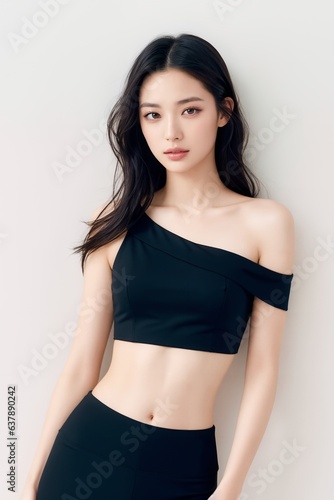 Portrait of beautiful Japanese women with black waves hairs, wearing floral shoulder top, looking graceful.
