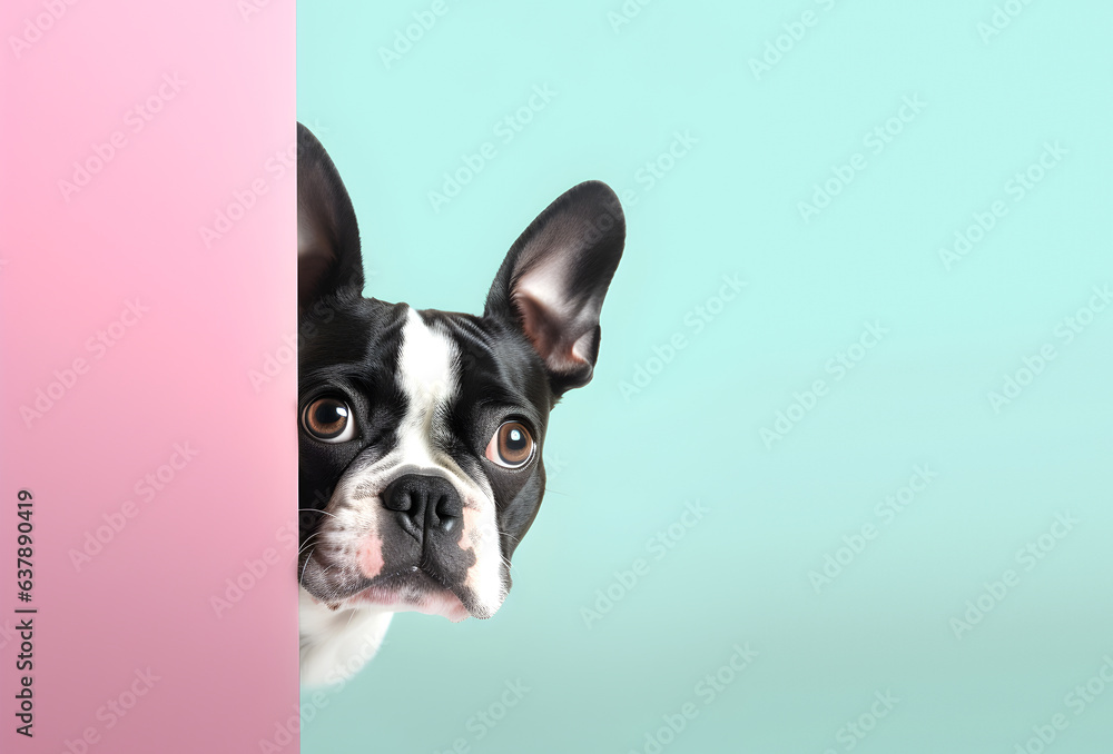 Creative animal concept. Boston Terrier dog puppy peeking over pastel bright background. advertisement, banner, card. copy text space. birthday party invite invitation