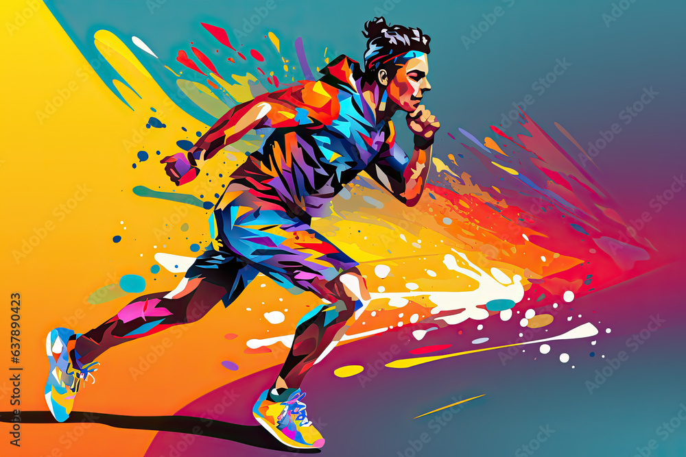 Abstract male runner in bright sportswear on a multi-colored background.