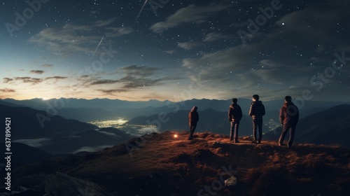 Group of friends gathers on a remote hillside. Beautiful illustration picture. Generative AI