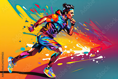 Abstract male runner in bright sportswear on a multi-colored background.