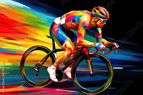 Abstract male cyclist in bright sportswear on a multi-colored background.