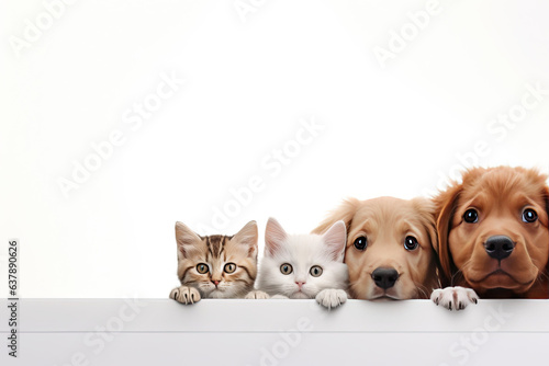 Kittens and puppies look out over a white fence on a white background. Banner mockup for pet store or veterinary clinic.