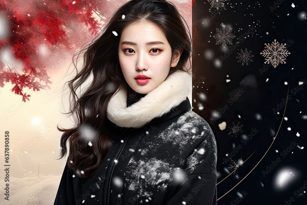 Stylish Asian girl in a black winter coat on a snow-covered trees background. Seasonal sales banner with space for advertising text. Stylish Asian girl in a black winter coat on a snow-covered trees background. Seasonal sales banner with space for advertising text.