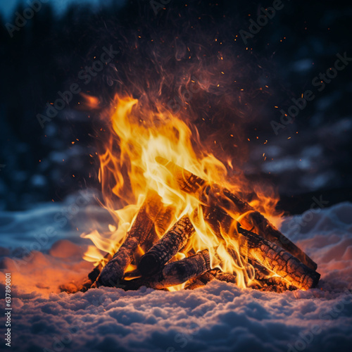 Captivating Bonfire Igniting Warm Flames Against the Cold Snowy Backdrop photo