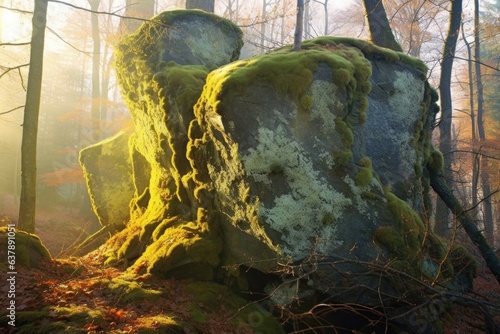 lichen-covered rock with sunlight filtering through trees