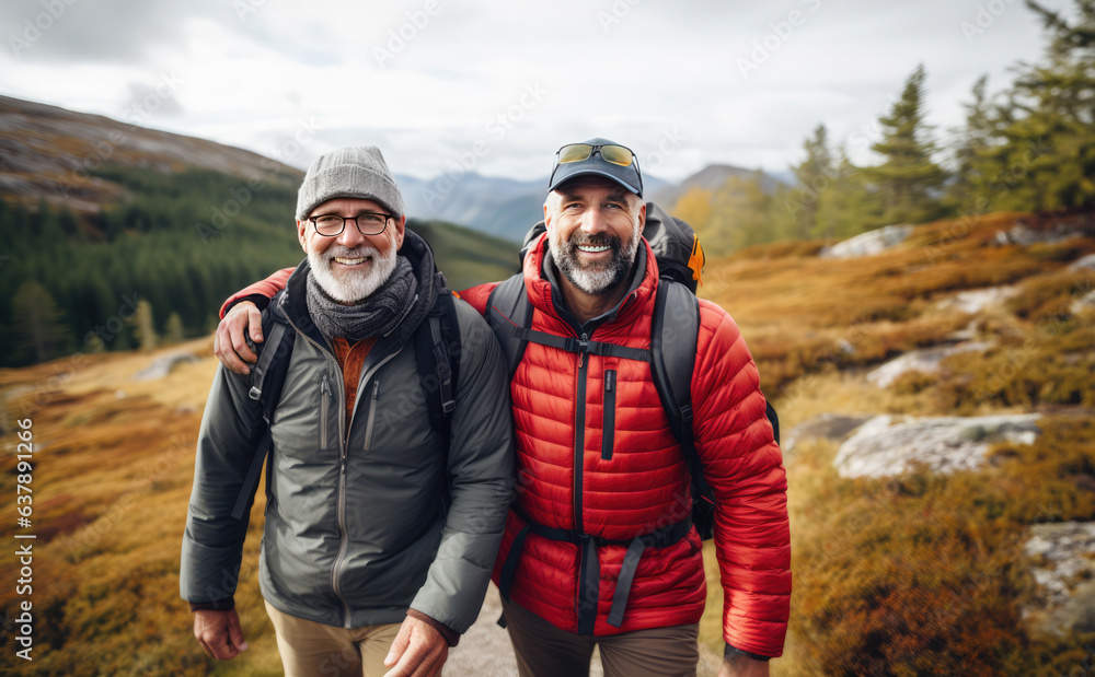 two gay men hiking travelling in mountains, homosexual couple,  Generative AI