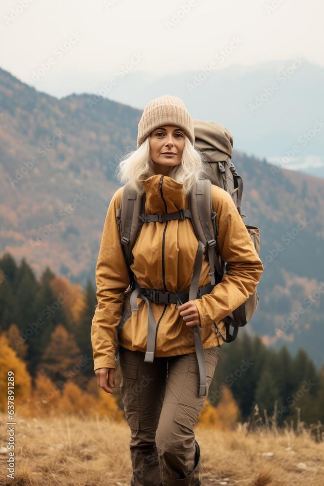 active mature caucasian woman hiking travelling in mountains with backpack, Generative AI