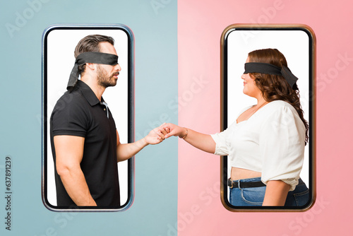Young woman and man meeting on an online blind date