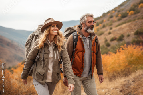 active mature caucasian couple hiking travelling in mountains with backpack, Generative AI