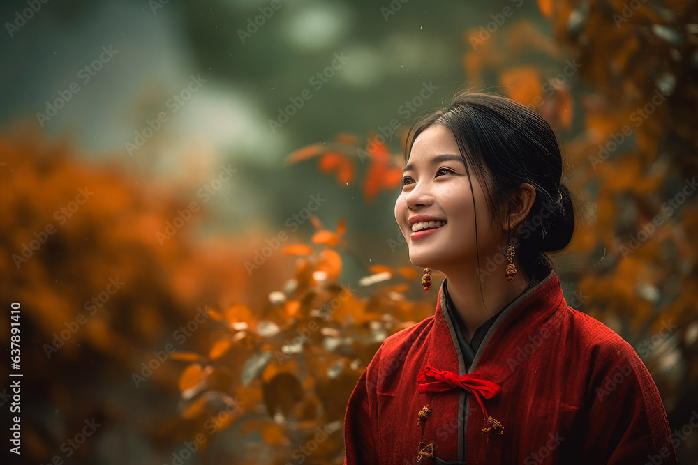 Portrait of an attractive Asian young woman in ared national dress against an autumn background. Created with Generative AI. Not a real person. Portrait of an attractive Asian young woman in ared national dress against an autumn background. Created with Generative AI. Not a real person.