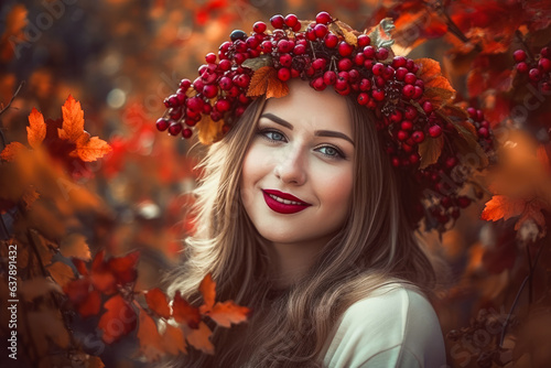 Portrait of an attractive young woman with red rowan wreath on her head in nature. Autumn time. Created with Generative AI. Not a real person.