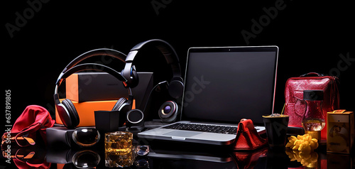 The excitement of Black Friday shopping sales, showcasing a modern composition with minimalistic vibrant products on a black background.