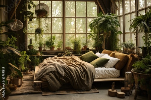 bed with nature-inspired linens and plants nearby