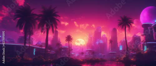 A wide-angle shot of a futuristic city panorama in a purple haze against a sunset sky. Fantasy illustration in cyberpunk style. Futuristic city scene in a style of sci-fi art. 80's wallpaper.