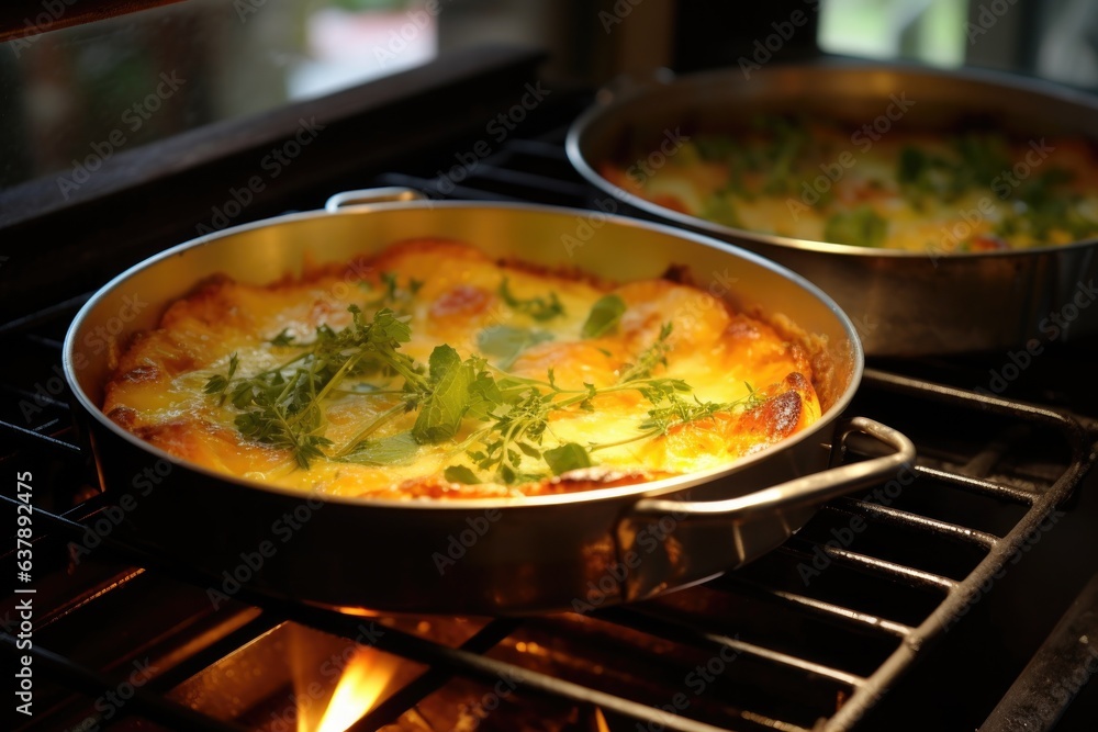 quiche baking in the oven with golden crust