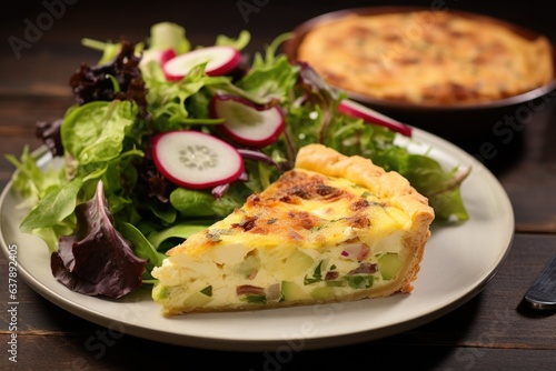quiche served on a plate with a side salad