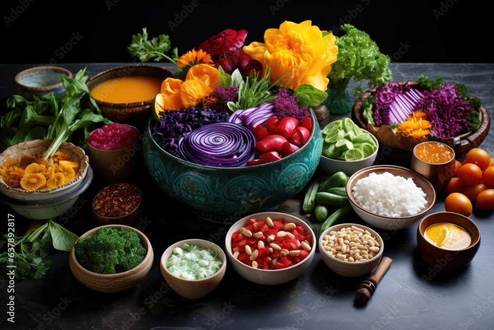 colorful salad ingredients in separate bowls