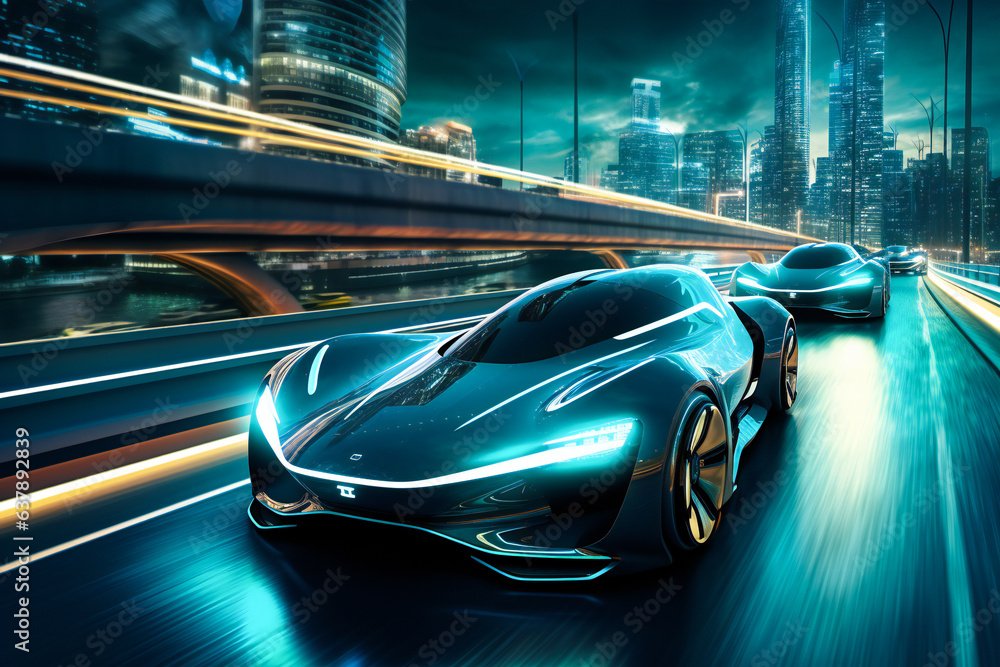 Obraz premium Futuristic self driving automated cars in a future urban setting