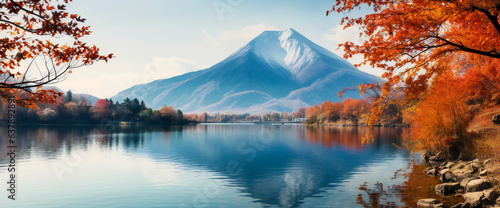 Mountain and lake landscape in autumn  with beautiful colored trees