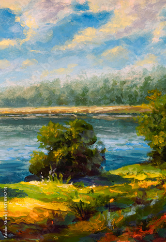Hand painting on canvas sunny river bank with bushes and road. Acrylic painting forest behind the river background illustration.