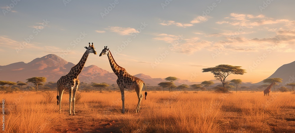 giraffes in the african savannah - obrazy, fototapety, plakaty 
