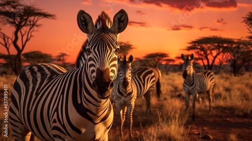 zebras in the african savanna at beautiful sunset