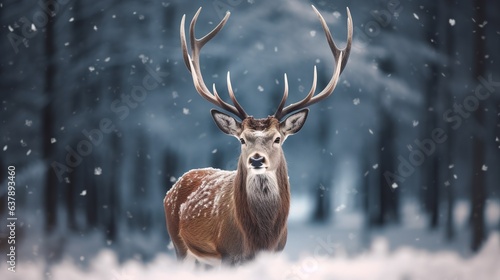 noble deer male in snow forest, winter landscape, christmas background
