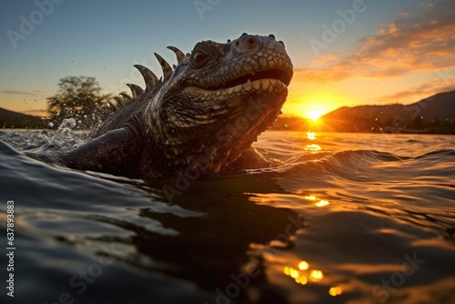 marine iguana silhouetted against the setting sun in water