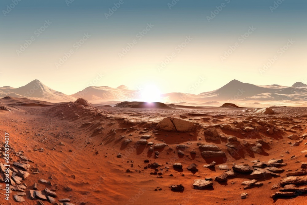 panoramic view of mars surface with rover in distance