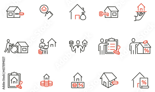 Vector Set of Linear Icons Related to Rental of Property, Loan Repayment and Real Estate Investment. Mono Line Pictograms and Infographics Design Elements 
