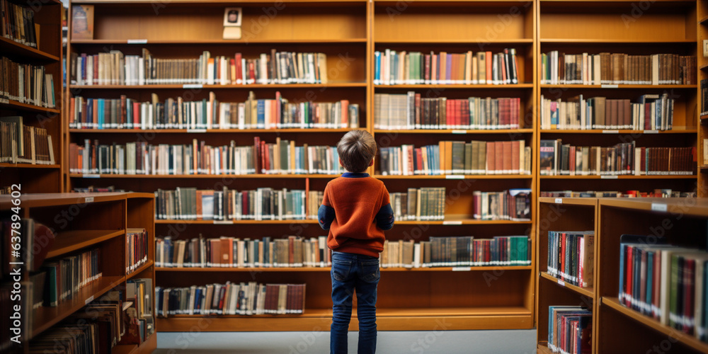 A child among the librarys shelves. A child among the librarys shelves.