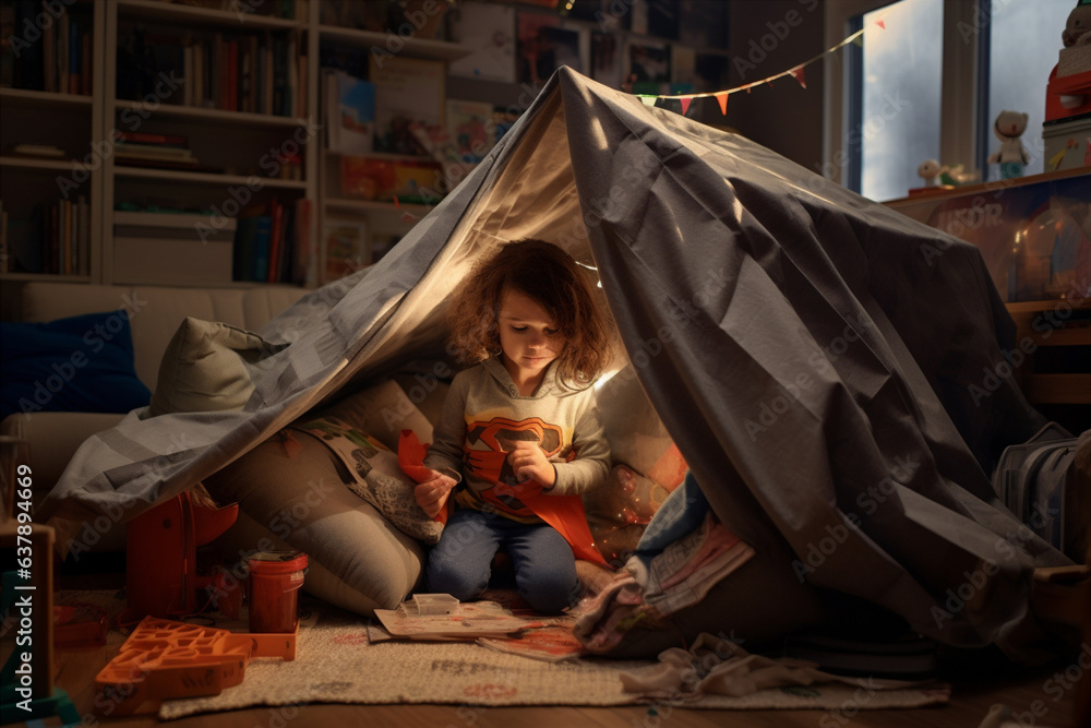 A child building a fort in the living room with blanket and pillows. Generative AI - obrazy, fototapety, plakaty 