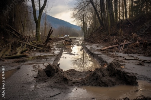 warning sign partially submerged in mudslide photo
