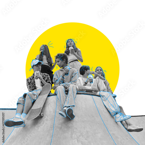 Teens, friends spending good time together, having fun and joy. Communication and leisure. Contemporary art collage. Concept of international youth day, youth culture, creative, holiday, freedom, ad photo