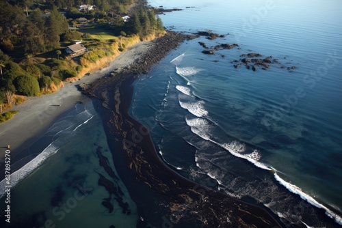 aerial view of oil spill spreading along coastline