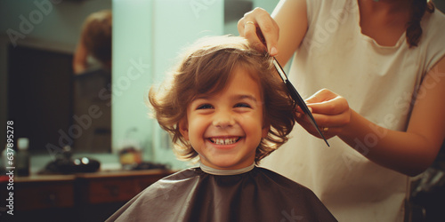 A child getting a haircut in a salon. 
