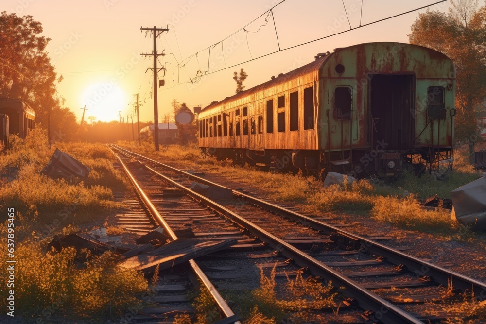 old train derailment site during golden hour