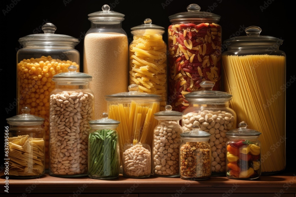 neatly labeled glass jars holding pasta, grains, and legumes neatly labeled glass jars holding pasta, grains, and legumes