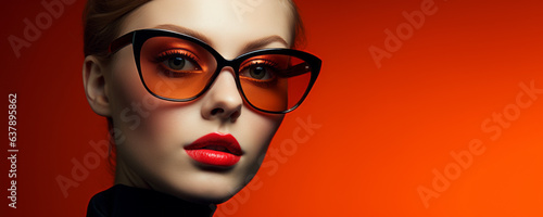 Close-up beauty portrait of a young latina woman wearing sunglasses on a orange background