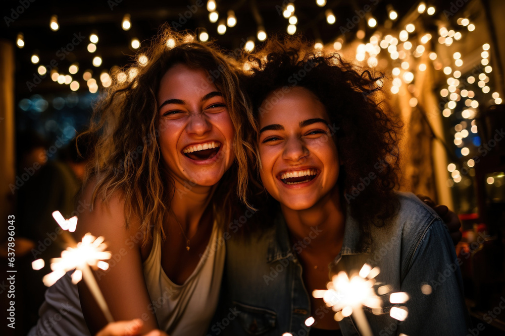 Pair of smiling, fun-loving friends celebrate and have a blast with sparklers and bengal lights in a party-ready studio setting Pair of smiling, fun-loving friends celebrate and have a blast with sparklers and bengal lights in a party-ready studio setting