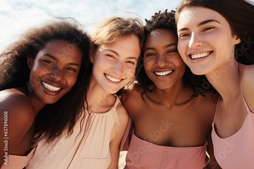 Four happy women on the beach in the style of bold curves