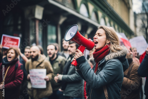 People on strike protesting with megaphone