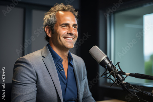 Happy radio presenter speaking into a microphone in a studio