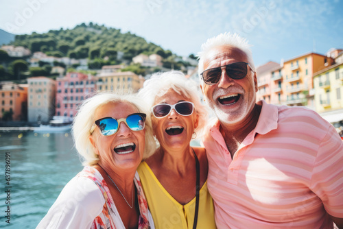 Happy senior friends laughing and having fun on vacation © AI_images